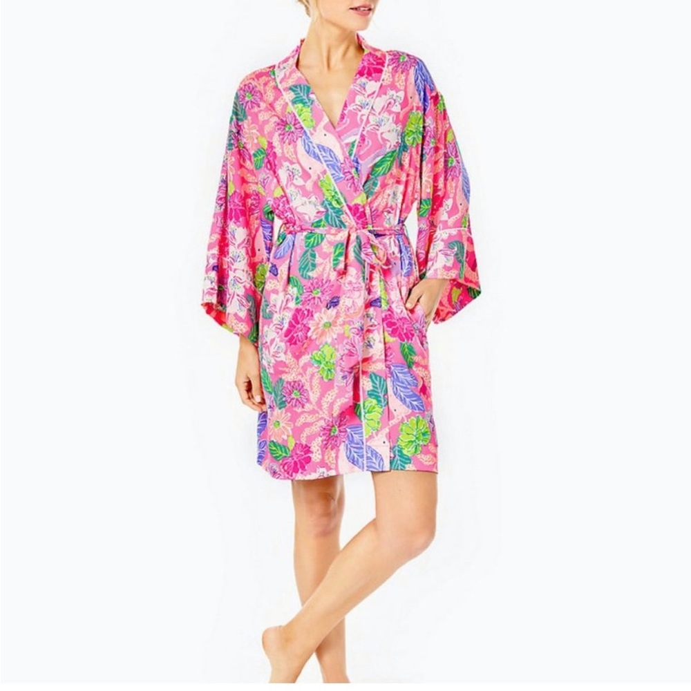 Lilly Pulitzer Elaine Satin Robe Pink Isle Best Of Friends / Women’s Size XXS XS